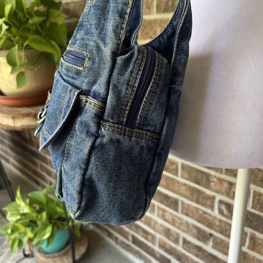 Vintage Y2K Blue Jean Shoulder Purse Lots Of Pockets 11” X 4” X 8” Hippie Boho - Picture 3 of 11